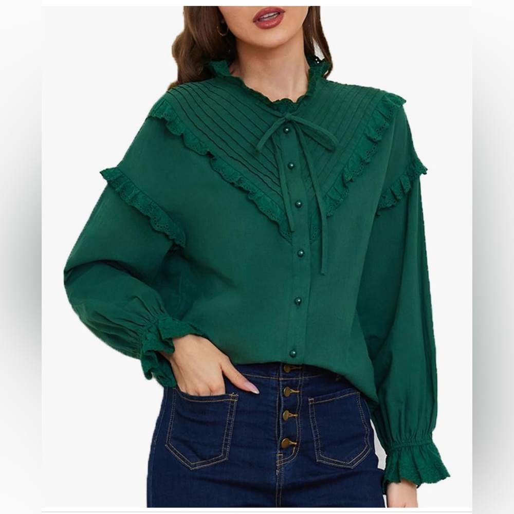 NWT FOREST GREEN LONG SLEEVE VICTORIAN BOHO BLOUSE TOP-S
